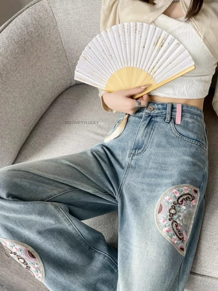 Autumn Winter New Chinese Embroidered Loose Straight wide-leg Women Elegant Daily Improved Vintage Ethnic Style Jeans Pants