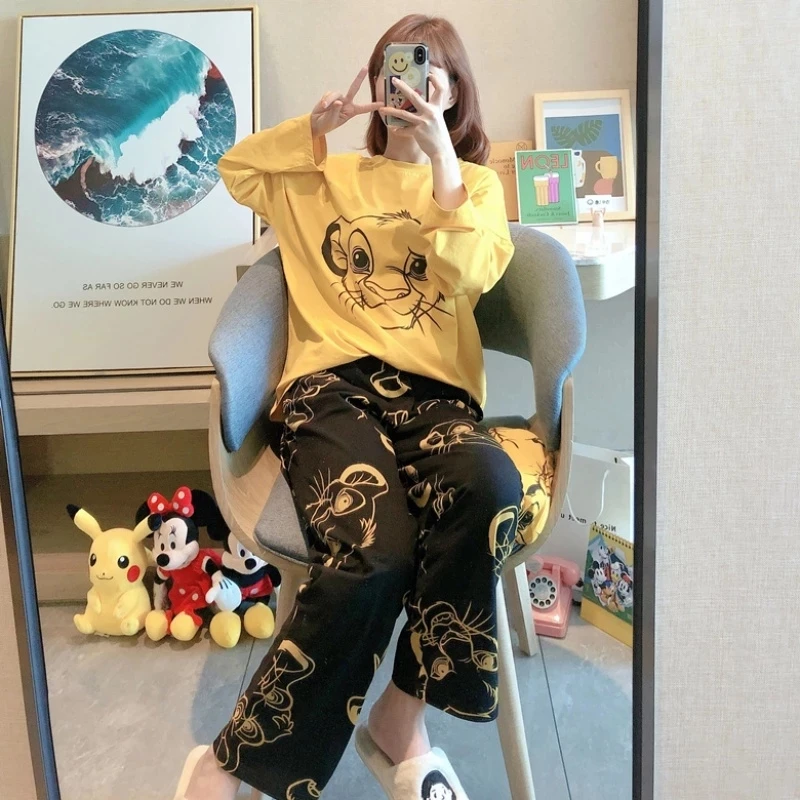 The Lion King Simba Cute Pajamas Set Autumn Winter Long Sleeve Leisure Sleepwear For Women Loose Nightwear Homewear Suit cotton pajama set