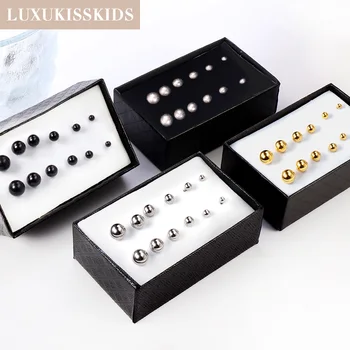 LUXUKISSKIDS 스테인레스 스틸 볼 스터드 귀걸이, 라운드 클립 세트, 여성 및 여아용 작은 미니멀리스트 비즈 쥬얼리 선물, 상자당 6 쌍