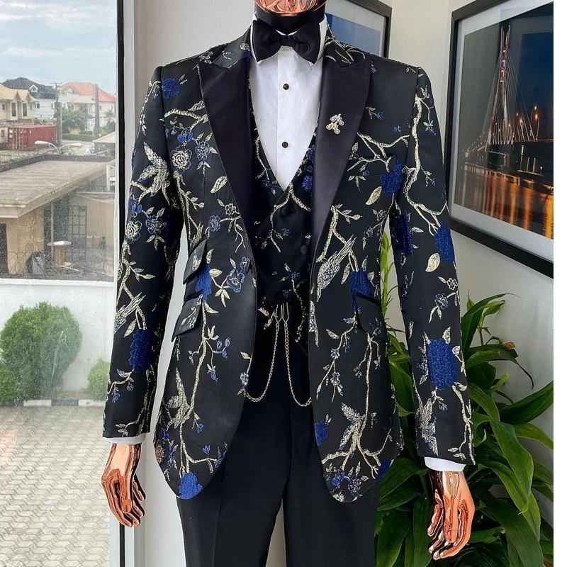 

Jacquard Formal Sutis for Men Wedding 2023 Raven and Forest Pattern Jacket 3 Piece Custom Groom Tuxedo (Blazer + Vest + Pants)