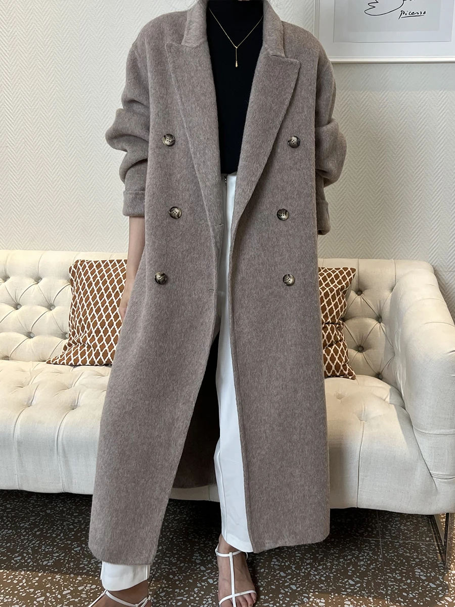 

Dalian Dongyue 23 Autumn/Winter New Korean Edition Solid Color Double sided Cashmere Coat Women's Mid length Knee Fleece Coat