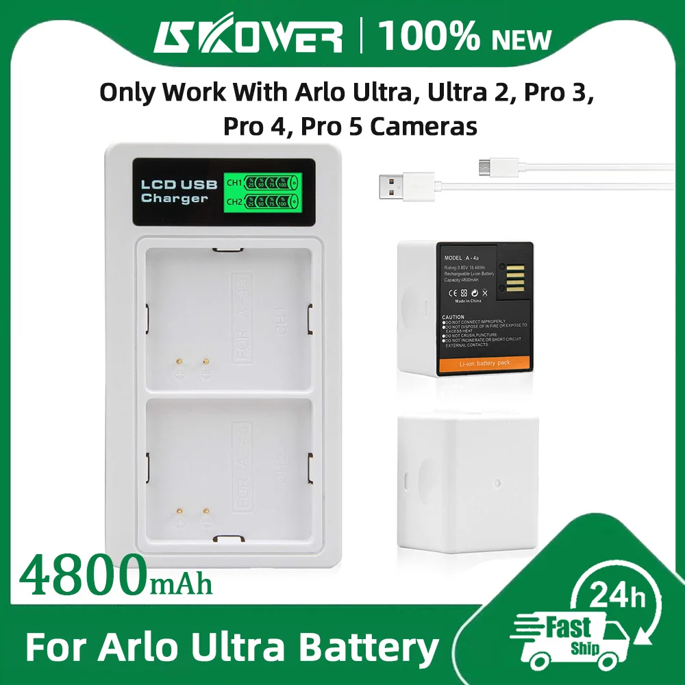 Batteria Ricaricabile Skower 4800Mah Per Fotocamere Arlo Ultra Ultra 2 Pro 3 Pro 4 Pro 5S 2K Con Doppio Caricatore Lcd