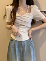 Summer 2024 Women's Pure Desire Sle Square Collar ort Sve T-irt Slim Fit Irregular Length Commute Sle Korean Version