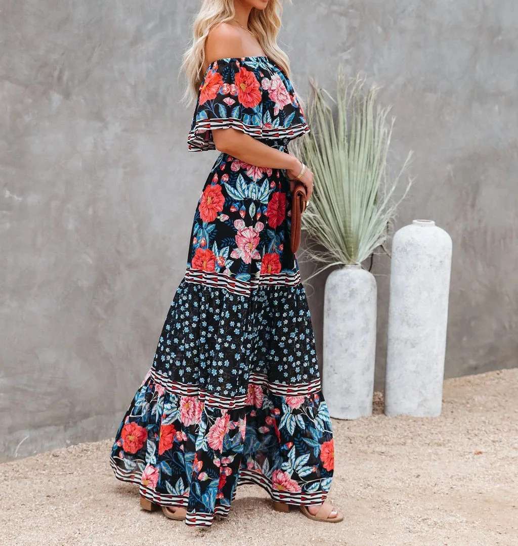 Flower Print Off Shoulder Long Dresses For Women Spring Summer New Fashion Temperament High Waist Leace-up Dress Female Vestidos 41 undefined