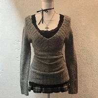 2024 Chic Women Solid Color Fall Winter Knitted Sweater Sexy Slim Casual V-neck Pullover Y2K Harajuku Retro Aesthetic Streetwear 1