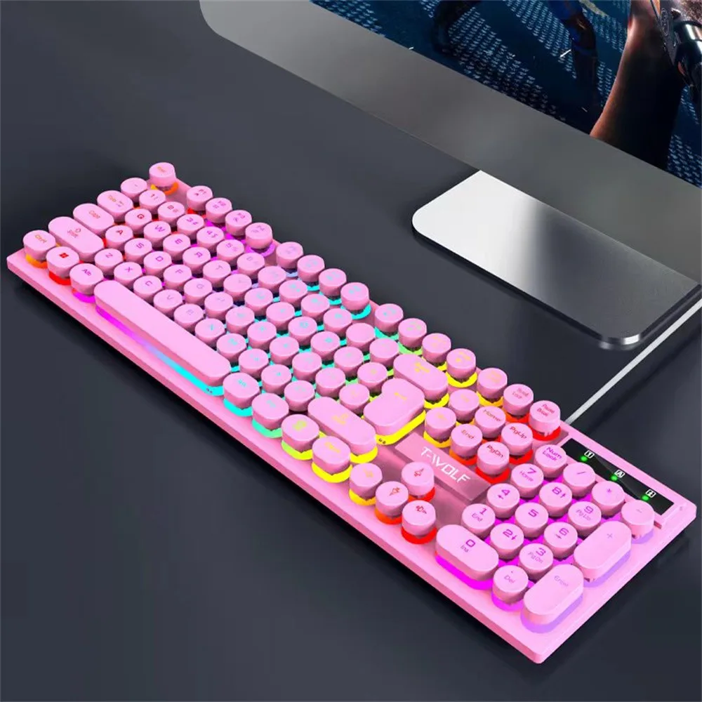 YSCP Schrijfmachine Stijl Mechanisch Gaming Toetsenbord RGB Backlit Bedraad met Blauwe Schakelaar Retro Ronde Keycap 104 Toetsen Toetsenbord (Wit 104 Toetsen RGB