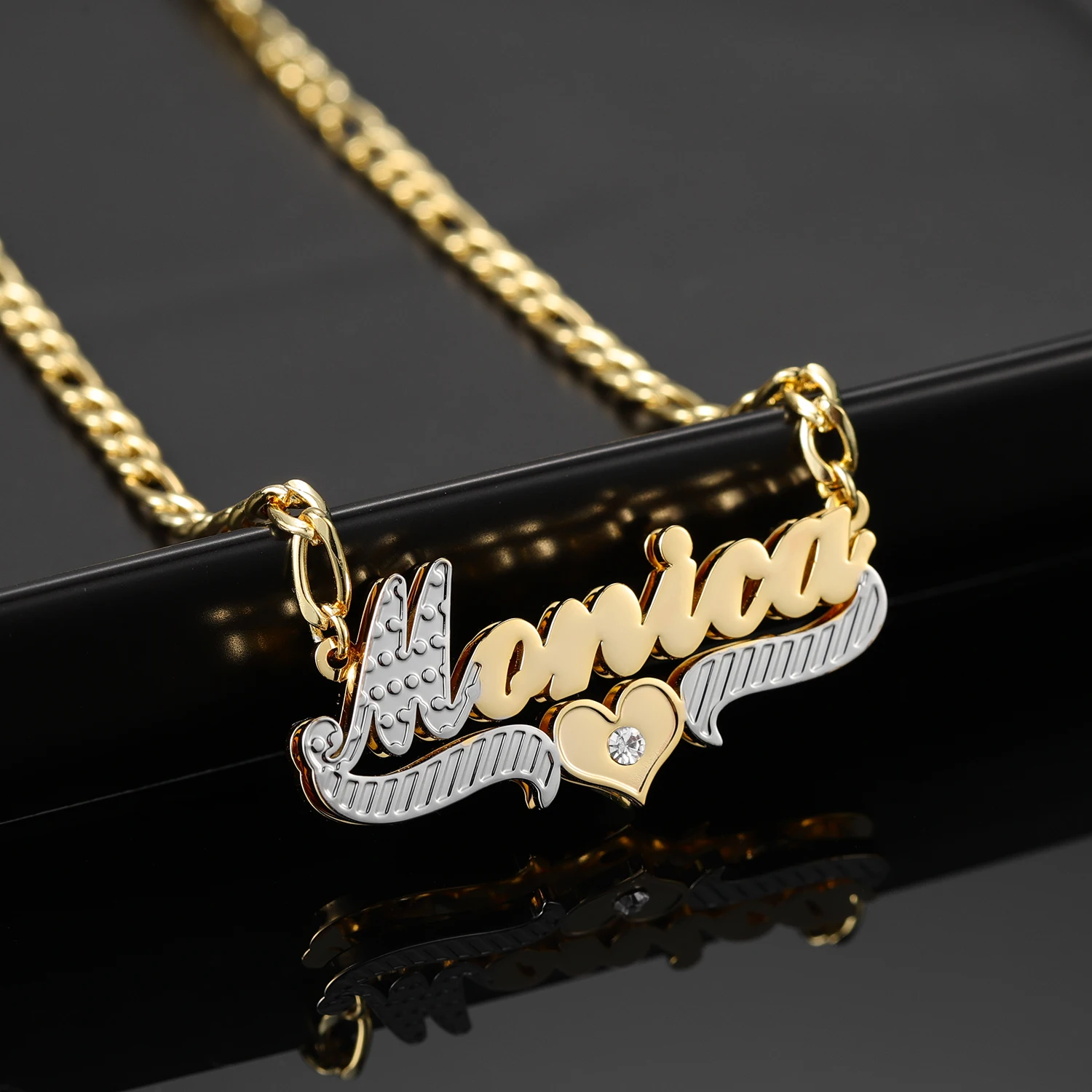 New Customized Double Plate Two Tone Heart Name Necklace Personalized Crystal Name Necklace Stainless Steel Charm Jewelry Women
