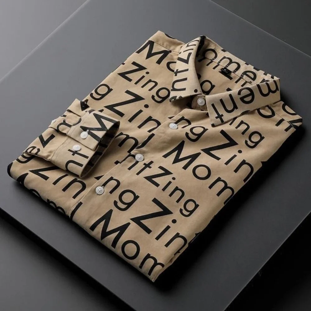 Men's Khaki Lapel Button Long-sleeved Shirt, Non-iron Korean Fashion Slim-fit Shirt, Printed Letters Casual Business Shirt