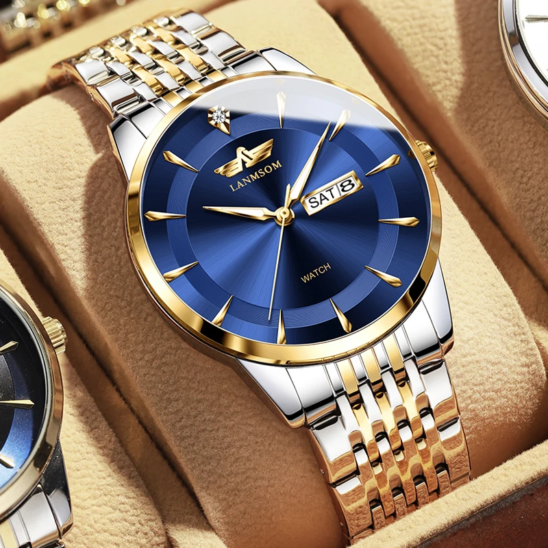 

LANMSOM Fashion Blue Mens Watches Top Brand Luxury Stainless Steel Waterproof Quartz Wristwatch Men Week Date Relogio Masculino