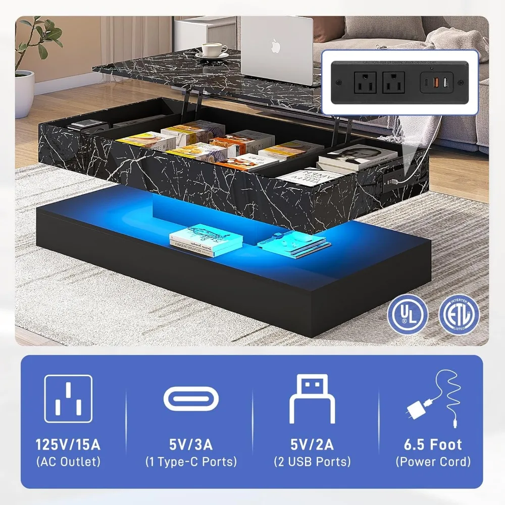 47.2" Large Lift Top Coffee Table with Charging Station, LED Modern High Glossy Center Table with Hidden Compartment Storage 5