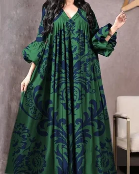 Vintage Printed Dress Women Breathable Loose Middle Eastern Robe Casual Long Sleeve Abaya V-neck Loose Muslim Abayas for Women
