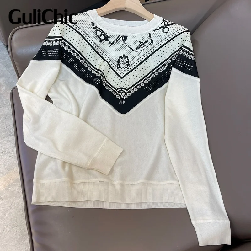 

10.10 GuliChic Simple Fashion Print O-Neck Silk Spliced Wool Casual Comfortable Pullover Knitwear Top Women