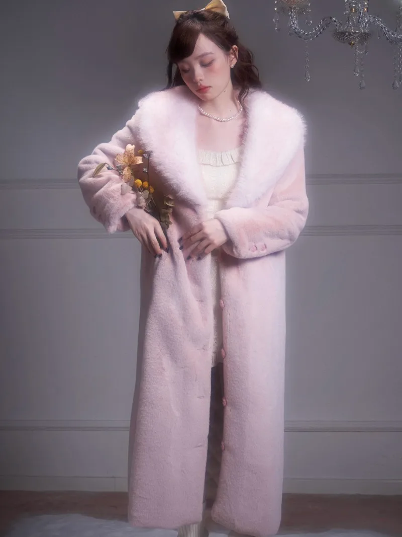 Japanese Rojita Single-Breasted Pink Gradient Fur Collar Furry Quilted Woolen Environmental Protection Autumn Winter Coat Jacket