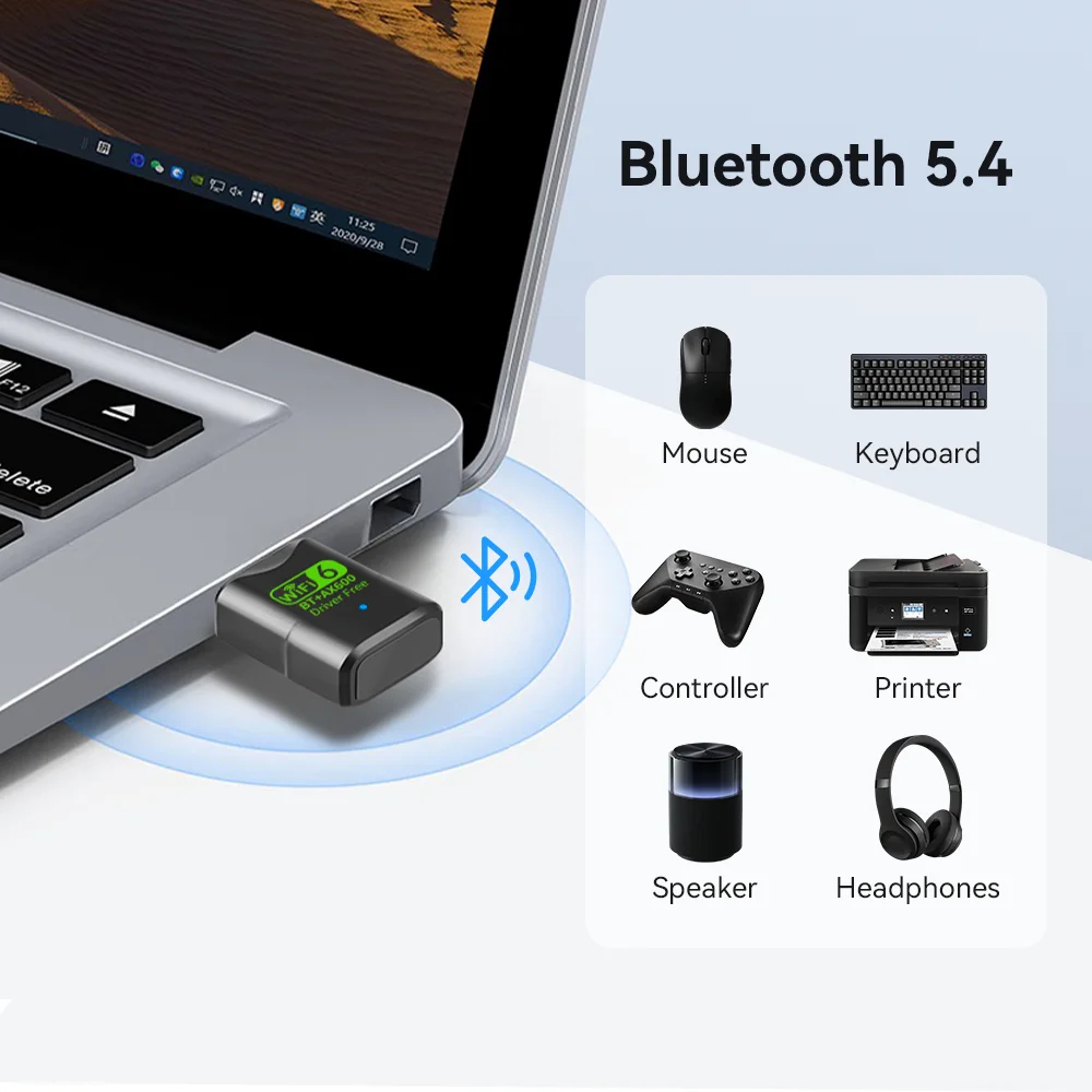 Kebidu USB Bluetooth5.4 WiFi6 어댑터 600Mbps USB Wifi 동글 무선 네트워크 카드 USB Wi-fi 수신기 드라이버 무료 PC 노트북용