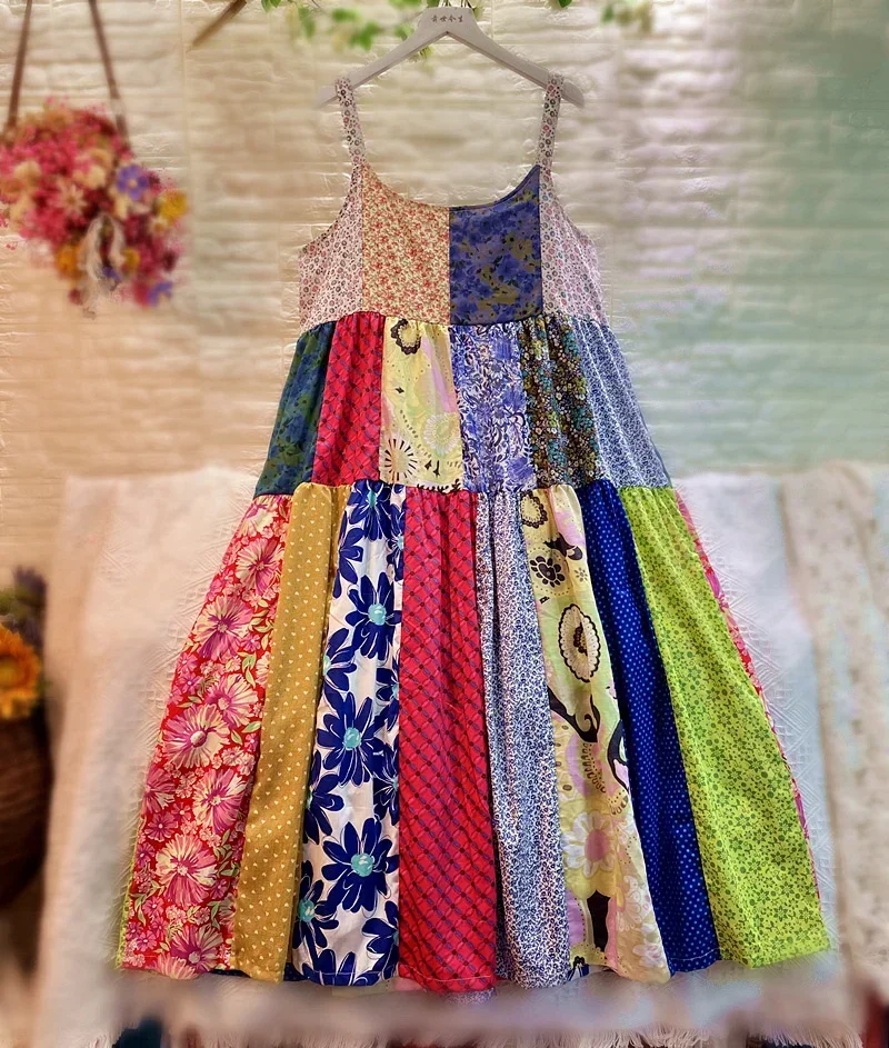 

100% Cotton Linen Female Summer Bohemian Boho Ibiza Spaghetti Strap Midi Dress Women Floral Gypsy Hippie Big Size Loose Sundress
