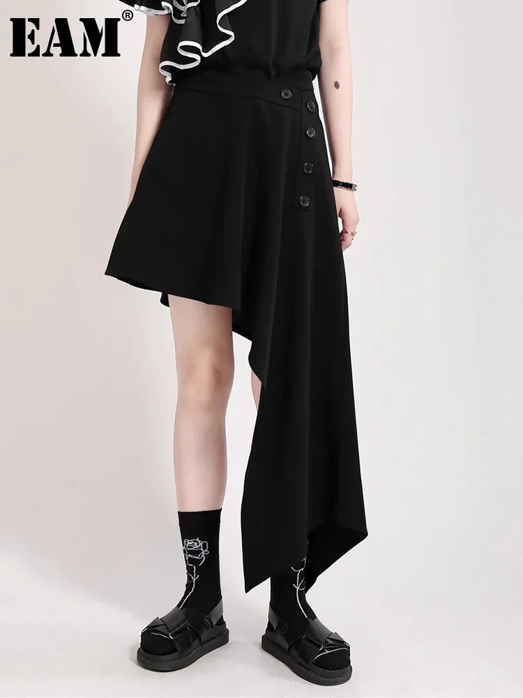 

[EAM] High Elastic Waist Black Asymmetric Button Casual Half-body Skirt Women Fashion Tide New Spring Autumn 2024 1DF4821