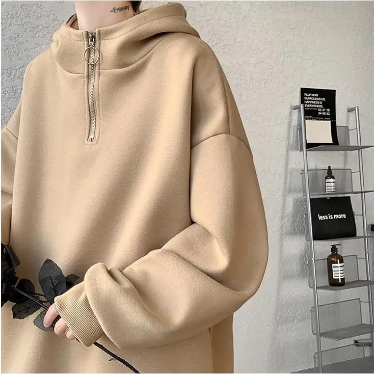 Korea Hooded Zipper Men's Sweatshirts Turtleneck Solid Color Fashion Brand Hoodies Large Size Casual Male Pullovers Women