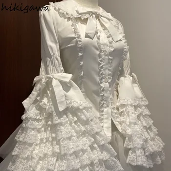 Lolita Blouse Women Camisas De Mujer Peter Pan Collar Flare Sleeve Sweet Shirts Oversized Tops Lace Bow Ruffles White Blouses 1