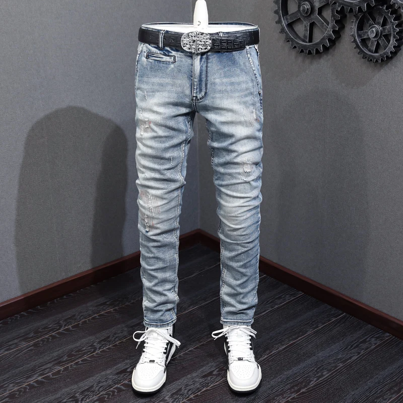 Fashion Designer Men Jeans High Quality Retro Light Blue Elastic Slim Ripped Jeans Men Embroidery Patched Vintage Pants Hombre