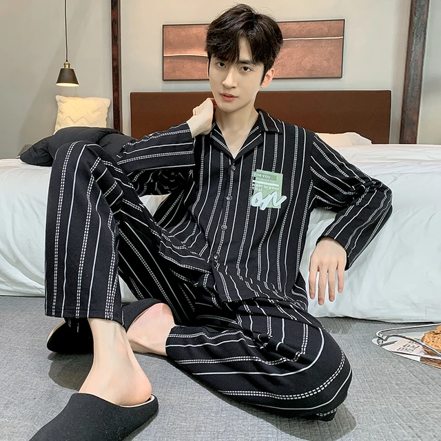 Men's Long Sleeve Black & White Striped Silk Pajama Set