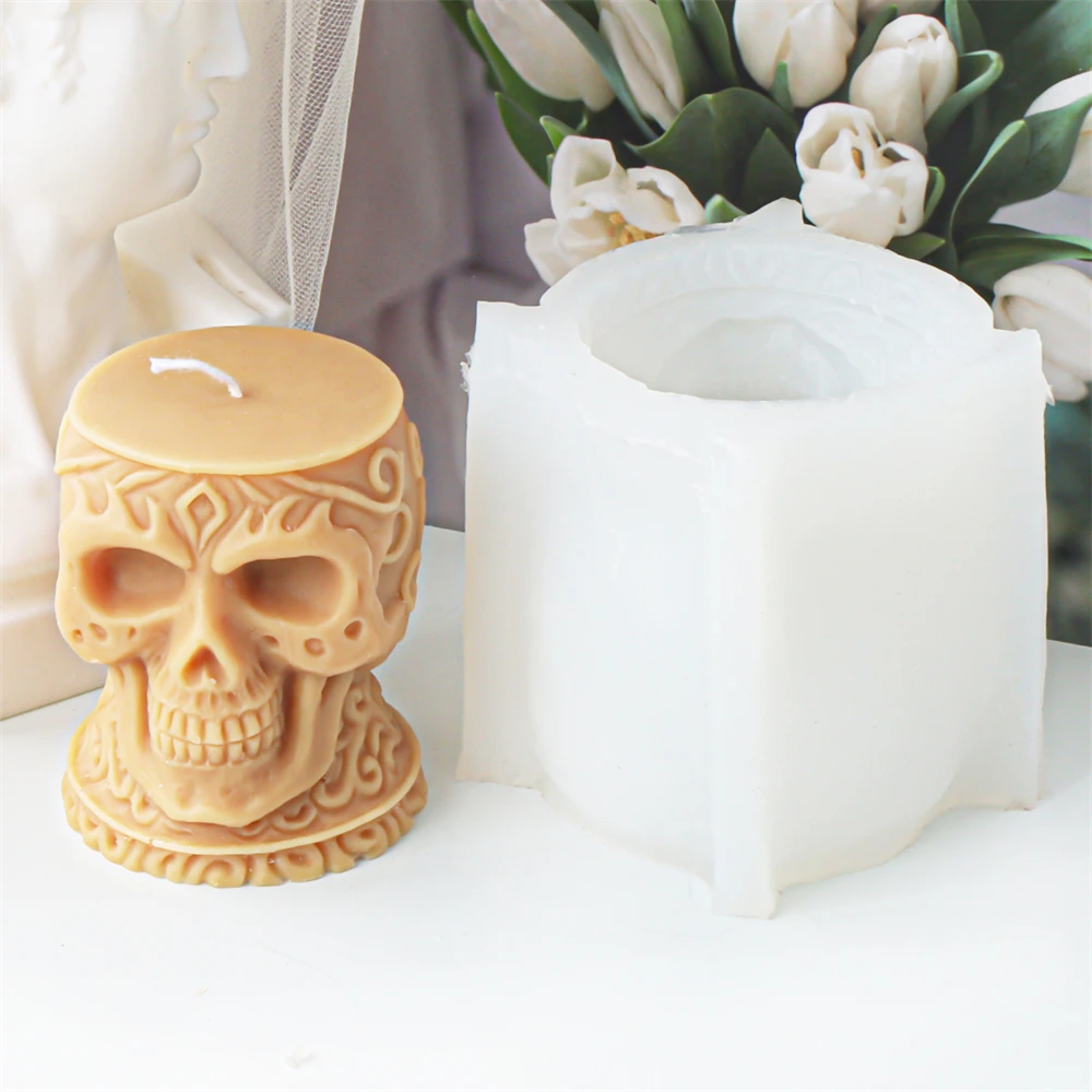 3D Relief Skull Column Candle Silicone Mold DIY Halloween Skull Post Aroma Gypsum Candle Mold Handmade Halloween Gift Decor Tool