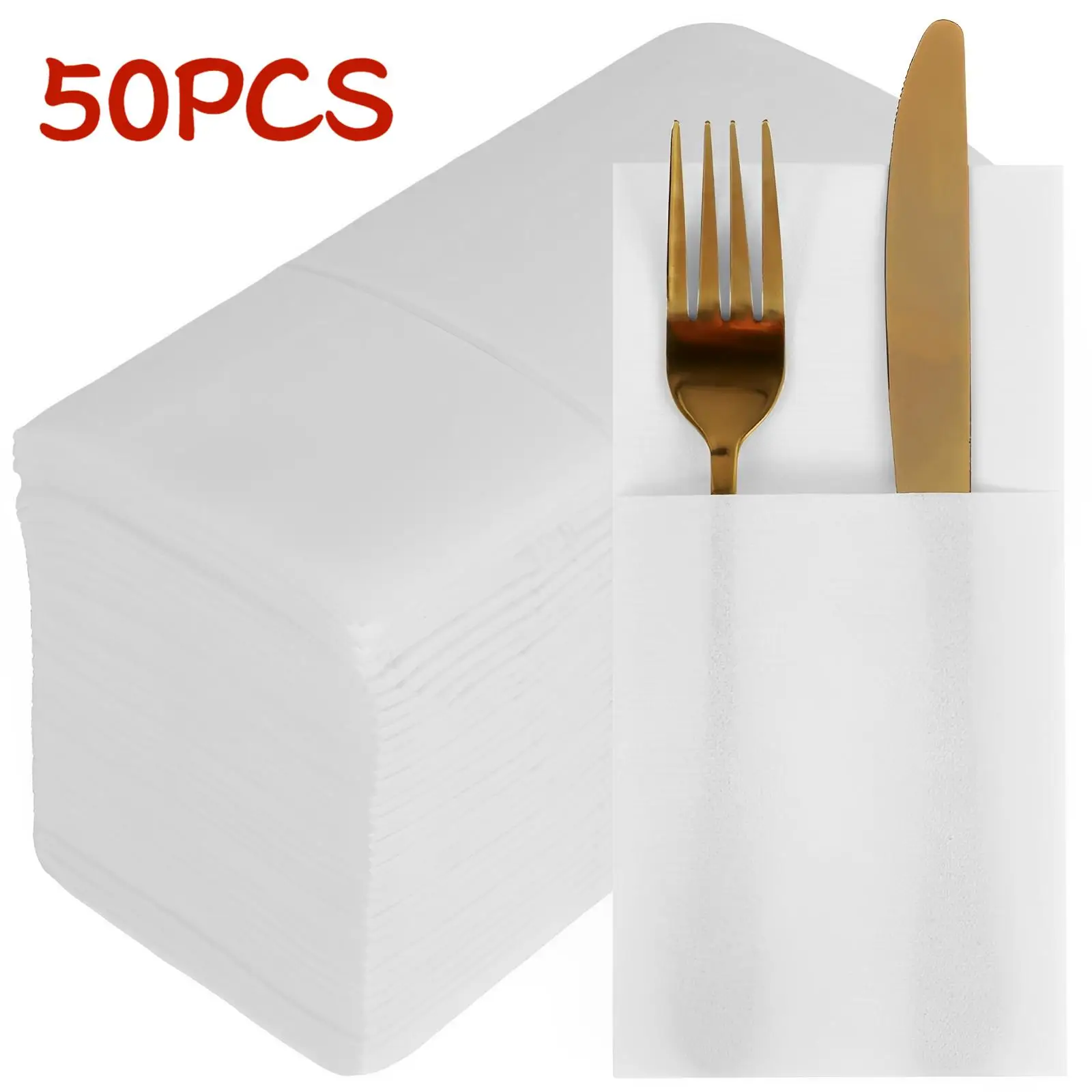 Disposable Cloth Napkins Built-in Flatware Pocket, Wedding Party Linen Feel White Napkins Prefolded for Silverware,50 Count