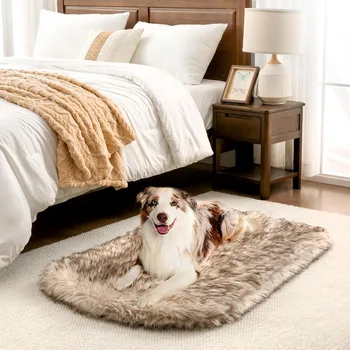 Faux Fur Memory Foam Fluffy Dog Bed, Luxury Pup Rug Waterproof Dog Blanket, Removable Washable Fluffy Plush Cover 2