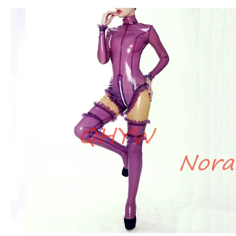 

Женский латексный костюм кошки ручной работы с чулками, полный комплект, прозрачное фиолетовое резиновое боди, задняя часть, сексуальный фетиш