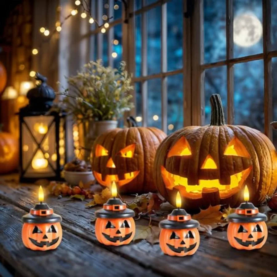 Real Wax Pumpkin Candles 4 Pcs Flickering Flameless Candles with 6hrs Timer LED Halloween Pumpkin Lamp Battery Operated Lights