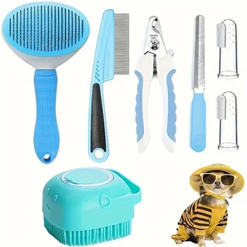 7 Pack Pet Grooming Set, Hair Removal Comb For Dog, Flea Comb, Dog Shampoo Brush, Pet Nail Clippers, Dog Toothbrush Set 1