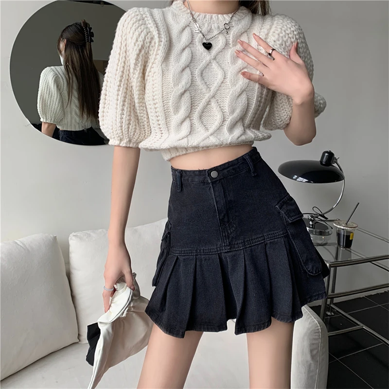

Pleated Denim Skirts For Women's Summer Black Pocket Y2k Fashion Casual Korean Style Jean Short Skirts High Waisted Washed Loose