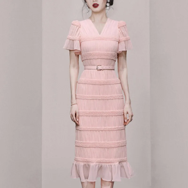 

New Fashion Summer Women's French Luxury Vintage Dress Women Sexy V-Neck Flared Sleeves Belt Ruffles Mid-Length Dress