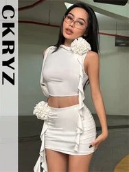 Ladies New Ruffle Applique 2 Pieces Dress Set 2 Pieces Sleeveless Crop Top And Mini Skirt Birthday Party Night Club Women Outfit