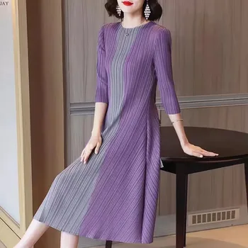 Miyake Beautiful Evening Dresses Pleated Women's Dress Simple Fashion Contrast Elastic Loose Cropped Sleeve tie Waist Dress 1