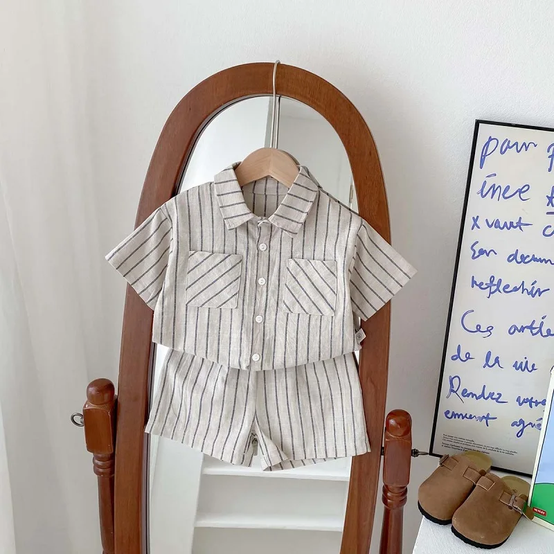 Summer Children's Set Vintage Stripe Boys Short sleeved Shirt Shorts Set Solid Color Polo Collar Cardigan Top Baby Clothes