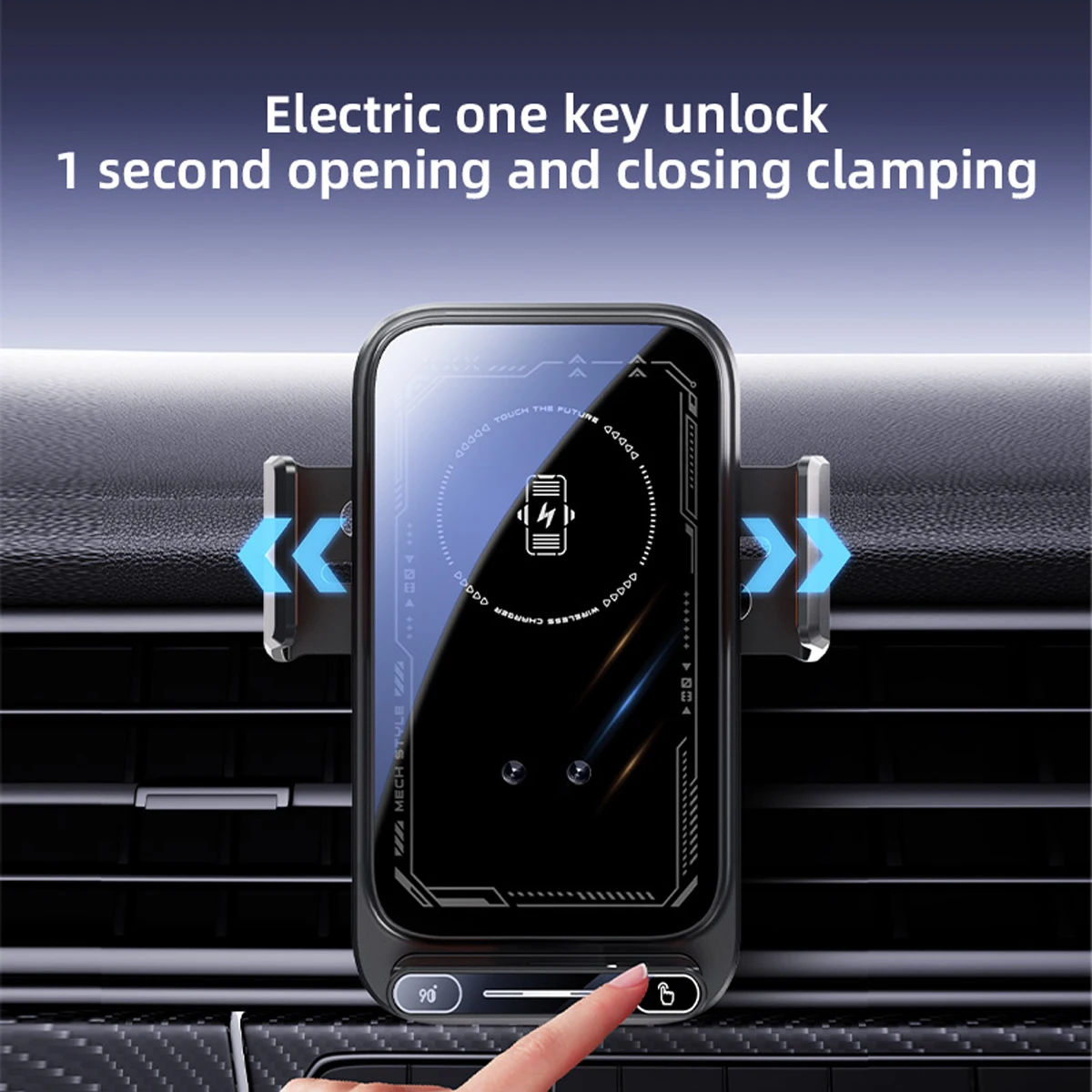 15W Qi Wireless Charging Smart Car Phone Holder with Motorized Rotation & One-Touch Release