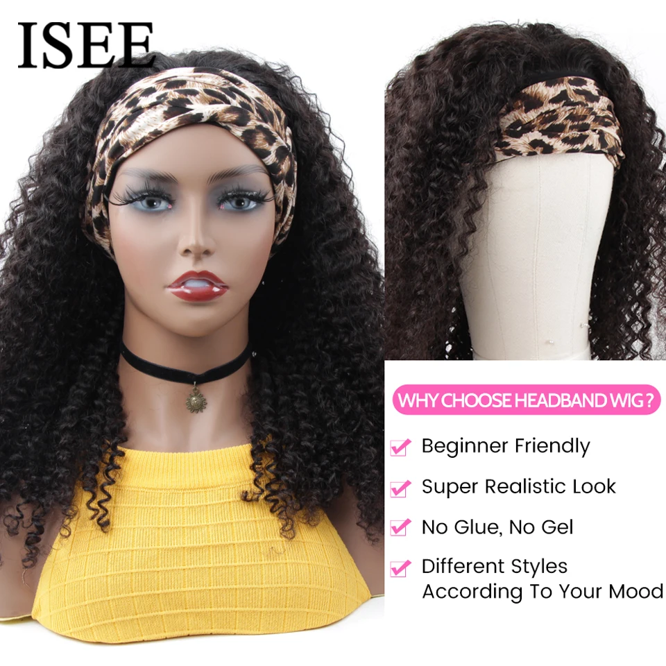 Human hair wigs ISEE Hair Headband Wig Human Hair Kinky Curly Scarf Wigs For Women Brazilian Curly Wigs No Glue No Gel Full Machine
