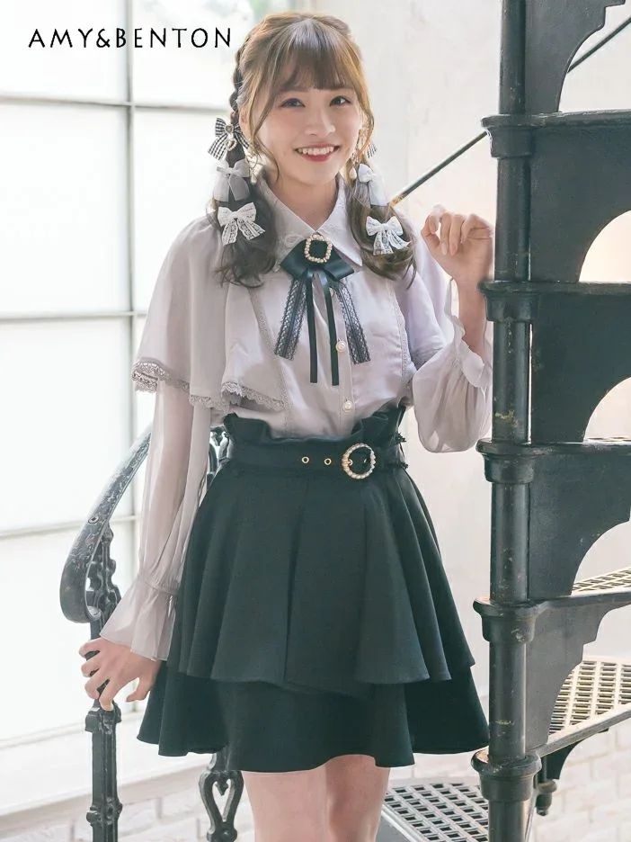 

Japanese Single Rojita Cape Shawl Polo Collar Bow Blouse Women Mine Sweet Lace Stitching Shirts Autumn All-Match Casual Tops