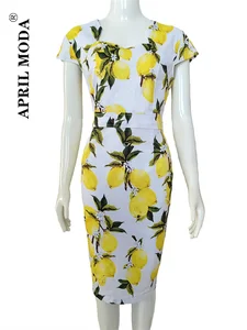 Yellow White Lemon Print Office Lady Business Bodycon Dress 2023 New Elegant Slim Fit Bandage Workwear OL Pencil Dresses 50s 60s