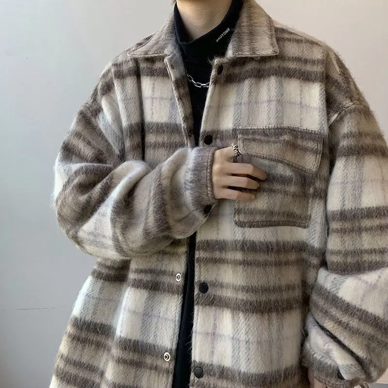 

Wool plaid jacket men's autumn and winter Korean style small fragrance jacket trendy brand ins loose street niche couple shirts