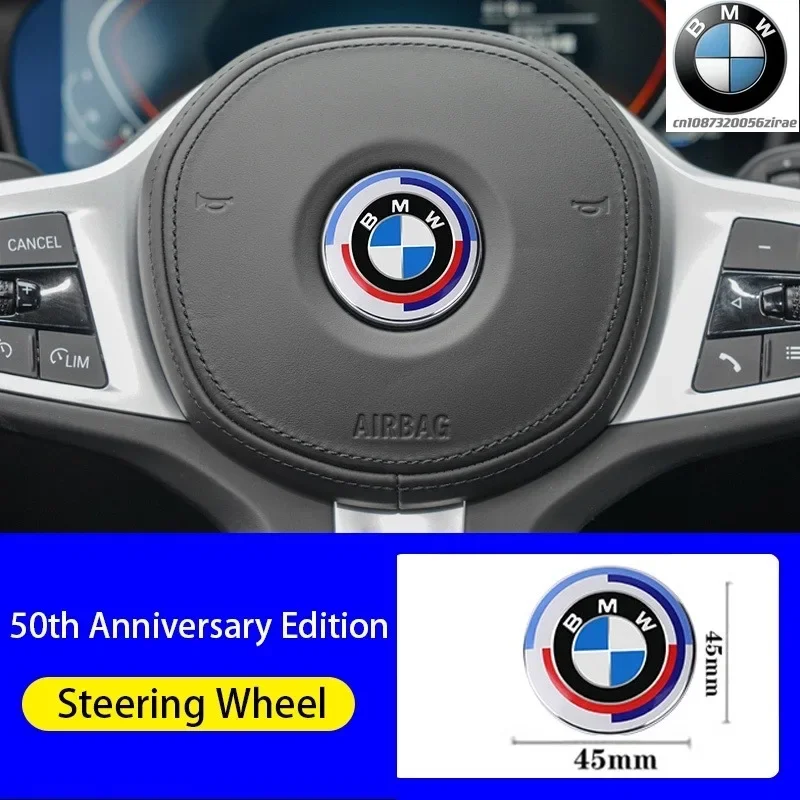 7Pcs BMW 50th Anniversary Front Hood Emblem 81mm+Rear Badge 74mm+Wheel Hub Cap 68mm+56mm Steering Wheel Sticker 46mm