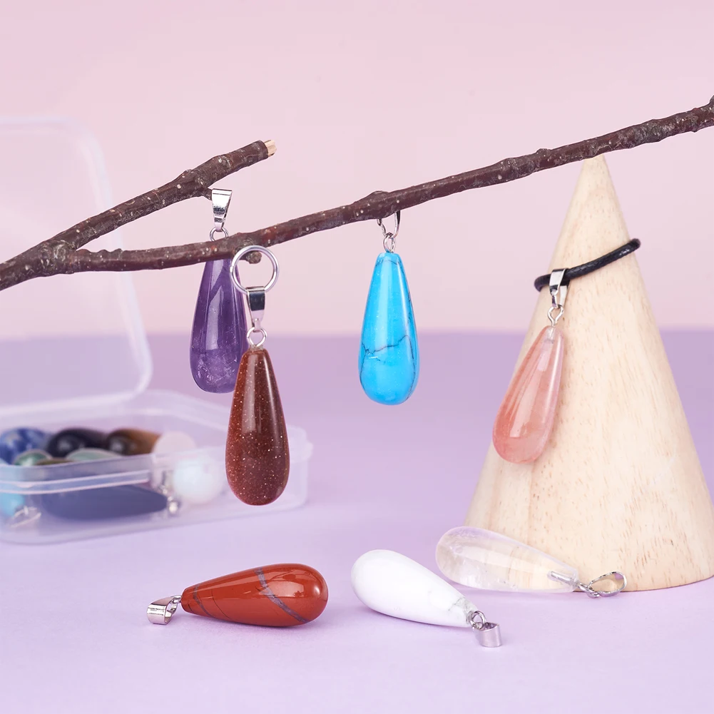 Wholesale 19Pcs Natural Opalites Tiger Eye Howlites Amethysts Stone Charms Water Drops Pendants For Necklace Jewelry Making