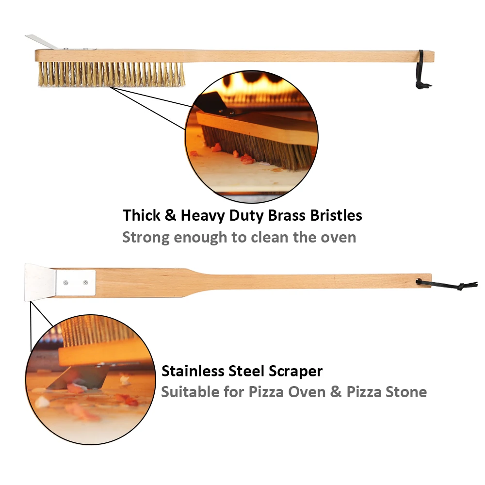 Pizza Oven Copper Brush Wood Handle Bristle Brass Scraper Household Grill Cleaning Brush Oven Accessories 22 inch
