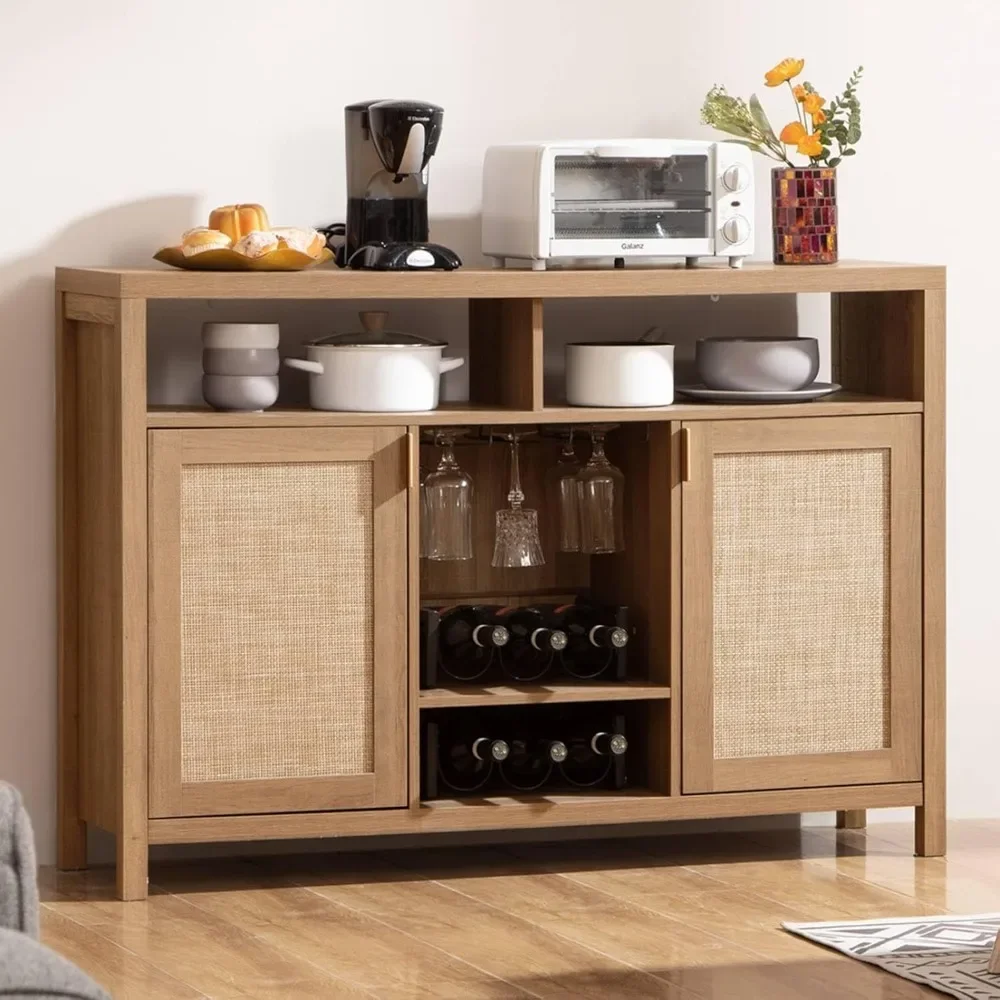 Coffee Bar Cabinet, Rattan Sideboard Buffet Cabinet with Storage, Boho Farmhouse Liquor Cabinet with Wine Racks Credenza