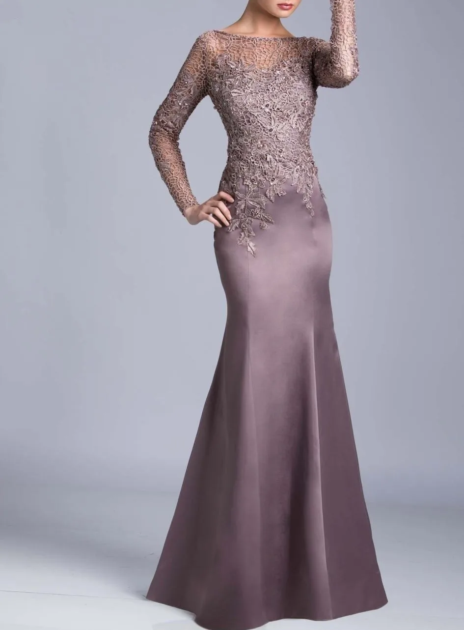 Modern Online Boat Neck Women Fitted Evening gown Long Sleeve Lace ...