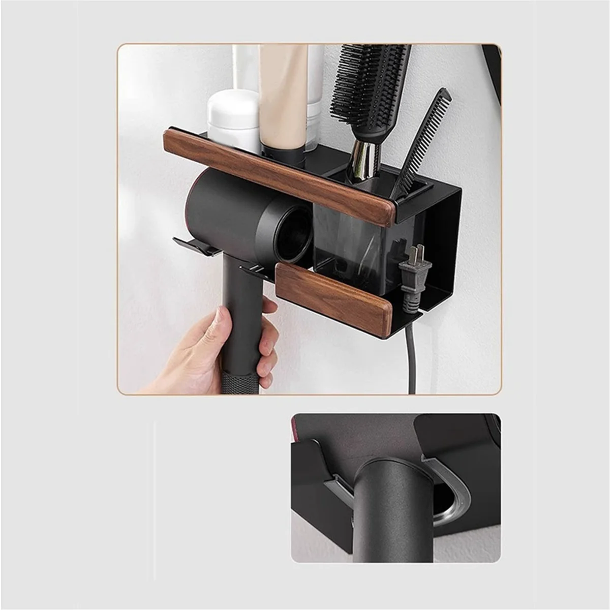 

Wall Mount Walnut Wooden Hair Dryer Holder Stand Bathroom Stylish Hair Tool Rack Organizer Shelf Blow Dryer Holder Pylon