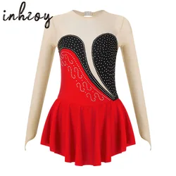 Rhinestone Figure Skating Dress Kids Girls Ballet Gymnastics Leotard Mesh Splice Hollow Back Ballroom Competition Dancewear
