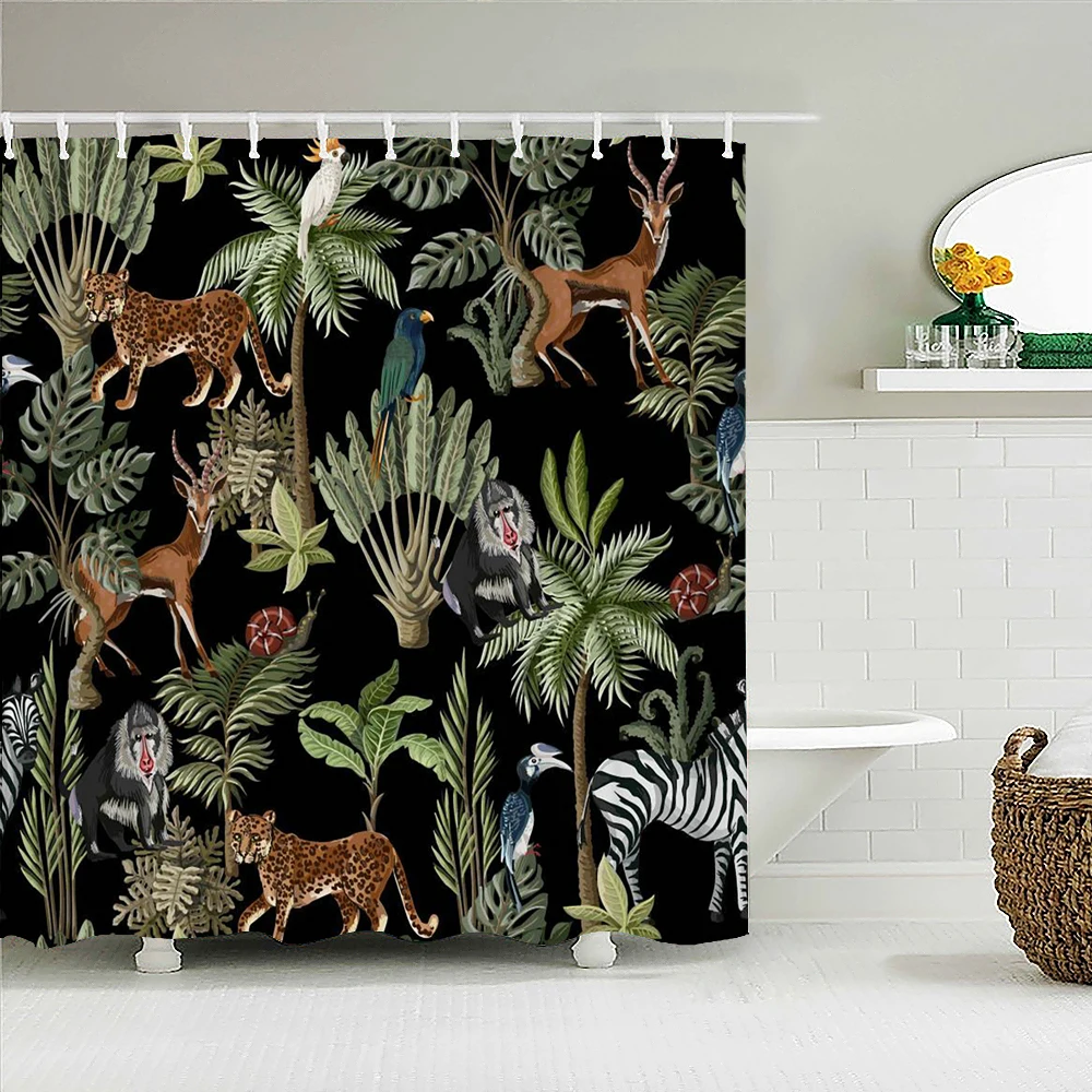 

Flowers Plant Bath Curtain Waterproof Fabric Shower Curtains Leaves Funny Animals Printing Bathroom Screen Decoration with Hooks
