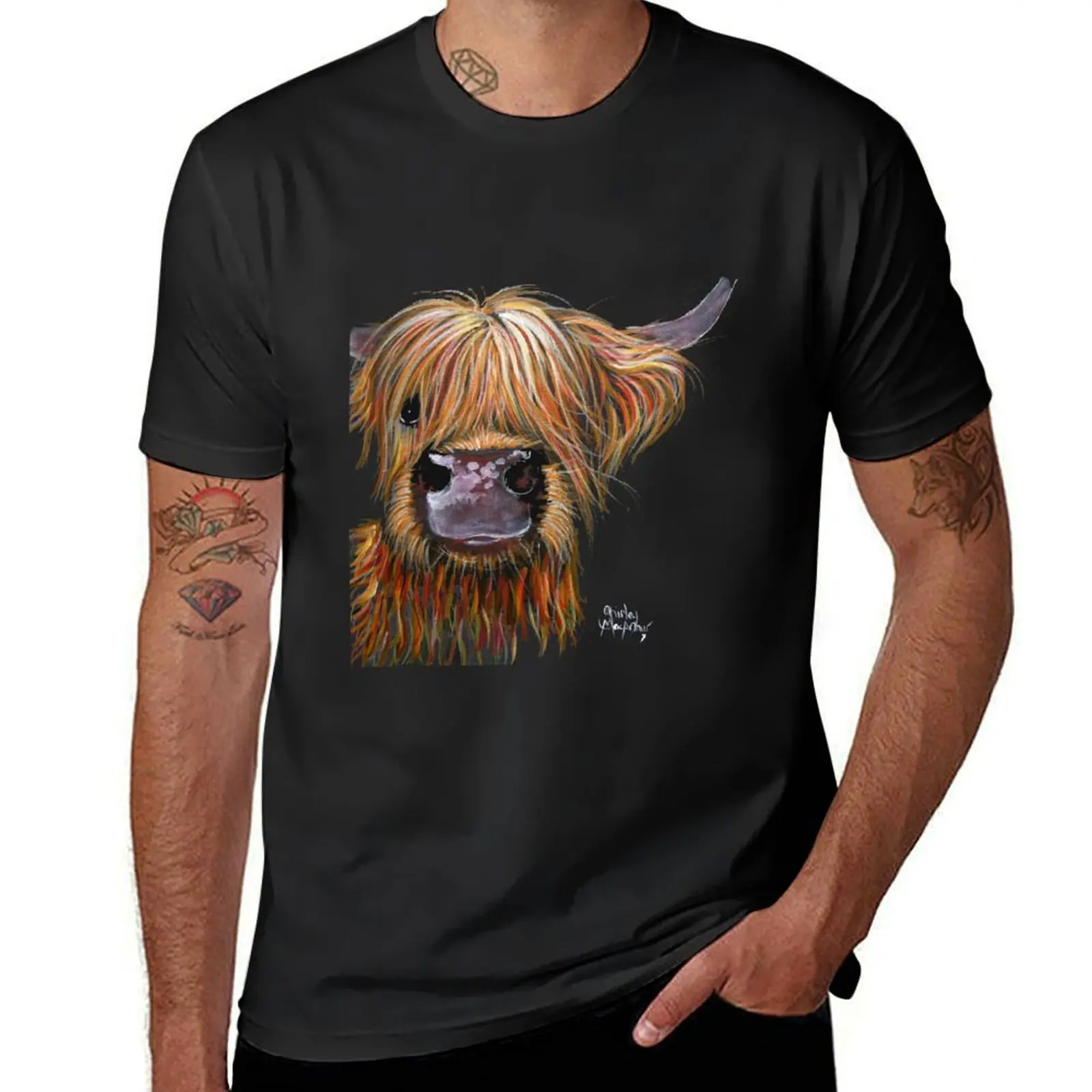 SCOTTISH HAIRY HIGHLAND COW 'HENRY' By Shirley MacArthur T-Shirt shirts graphic tees sports fans Men's cotton t-shirt