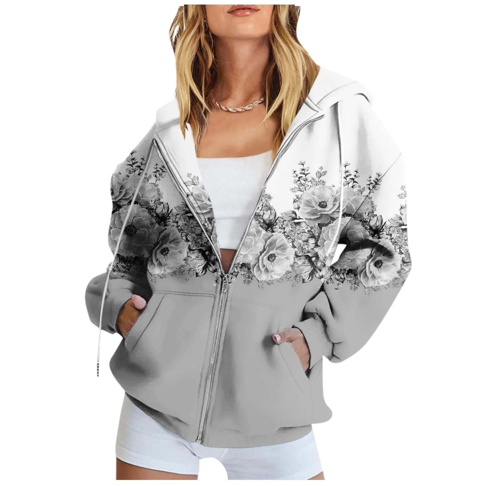 Casual Hoodie Women Fall Fashion Long Sleeve Floral Print Zip up